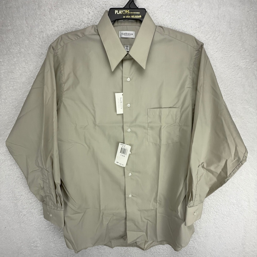 Van Heusen Mens Dress Shirt‎ 17 34-35 Beige Tan Long Sleeve Easy Care Button Up